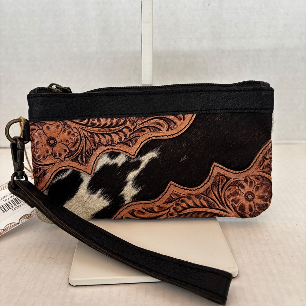 Cowhide Wristlet Womens Small Black Brown Tooled Leather ClutchWestern New